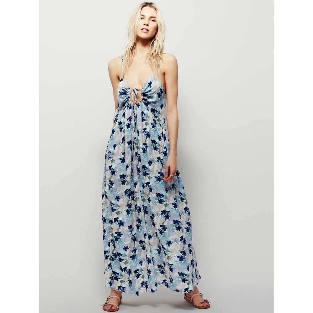 Free People Mulberry Strappy Keyhole Maxi Dress Womens L Tan Blue Floral